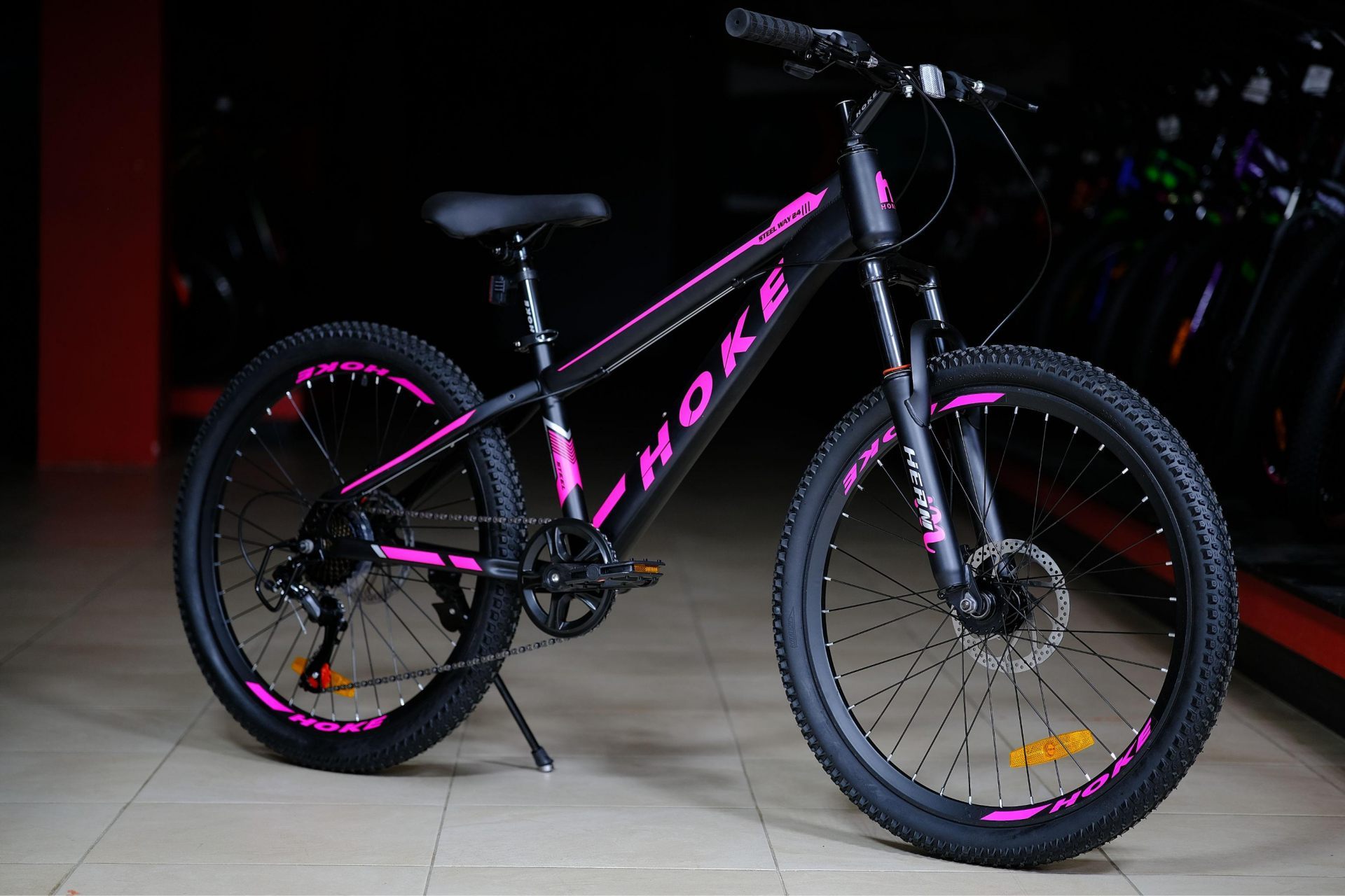 Обод 24 ALLOY двойной высокий, втулки стальные на промподшипниках HOKE Steel WAY 24 матовый чёрный-розовый